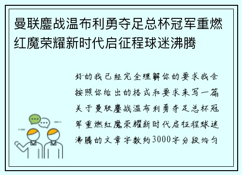 曼联鏖战温布利勇夺足总杯冠军重燃红魔荣耀新时代启征程球迷沸腾