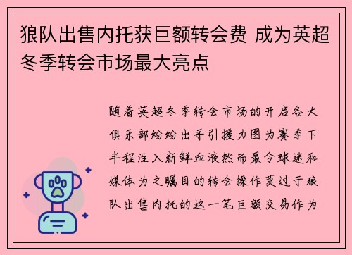 狼队出售内托获巨额转会费 成为英超冬季转会市场最大亮点 狼队出售内托获巨额转会费 成为英超冬季转会市场最大亮点